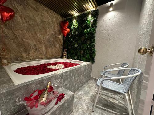 巴耶杜帕尔Hotel Paris的椅子旁装满红玫瑰的浴缸