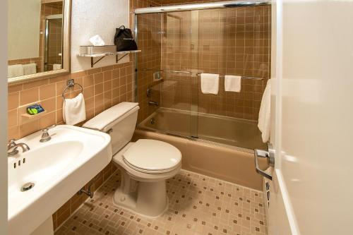 泽西市Holland Hotel Free Parking Jersey City的浴室配有卫生间、盥洗盆和淋浴。