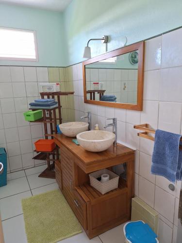 珀蒂堡Villa bois rose的浴室设有2个水槽和镜子