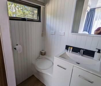 Dadswells BridgeTiny House 10 at Grampians Edge的白色的浴室设有卫生间和水槽。