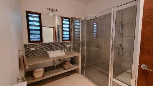维拉港Longview - stunning views, sleeps 7的带淋浴、盥洗盆和镜子的浴室
