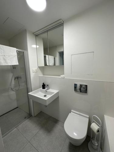 布拉迪斯拉发Ein Park Apartment with free parking的白色的浴室设有卫生间和水槽。