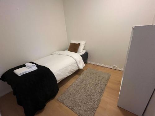 特罗姆瑟Enter Backpack Apartments的一间小卧室,配有床和地毯