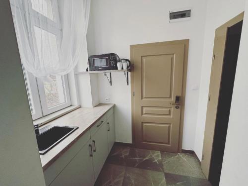 达布罗瓦古尔尼恰Apartamenty Retro的一个带水槽和门的小厨房
