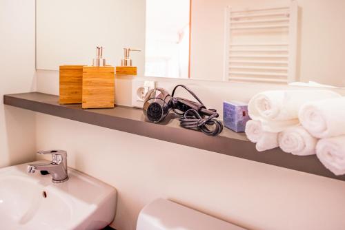 班斯卡 - 什佳夫尼察ForRest Glamping的浴室设有水槽和带毛巾的架子。