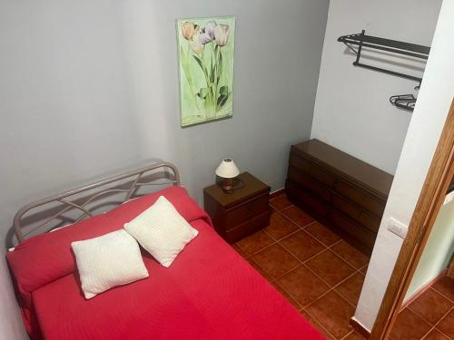 巴列埃尔莫索Casa Azul的一张红色的床,里面有两个枕头