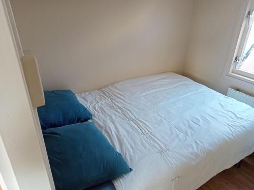 Dirkshorntiny house nabij de kust的小卧室配有带蓝色枕头的床