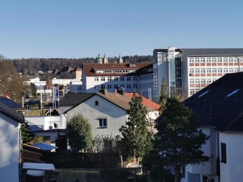 韦因加尔滕Geräumige schöne Ferienwohnung stadtnah ruhig Nähe Bodensee mit Aussicht的享有拥有建筑和树木的城市美景