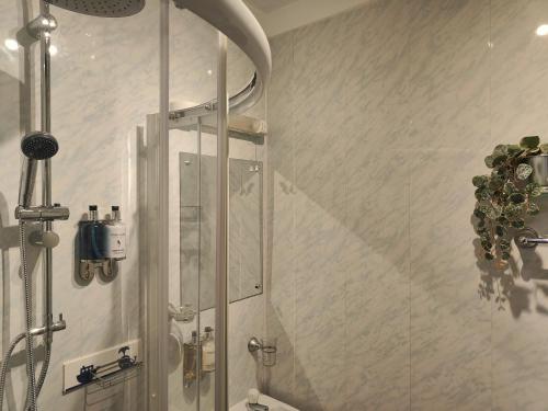 托基Garway Lodge Guest House的浴室里设有玻璃门淋浴