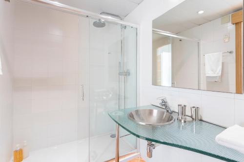 巴塞罗那最佳巴塞罗纳公寓的一间带玻璃水槽和淋浴的浴室