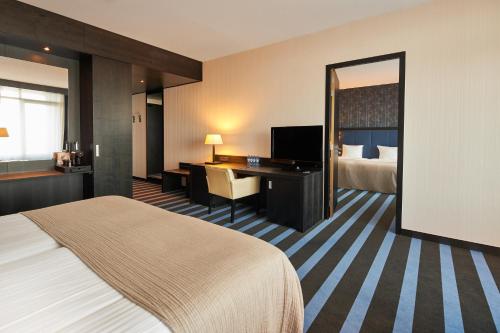 斯内克斯内克范德瓦尔克酒店的配有一张床和一张书桌的酒店客房
