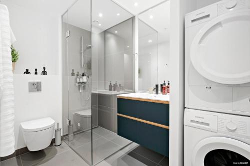 奥胡斯Best view in Denmark from 40th floor的浴室配有卫生间水槽和洗衣机。