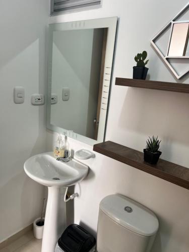 多斯克布拉达斯Moderno apartamento con vista inigualable的一间带水槽、卫生间和镜子的浴室