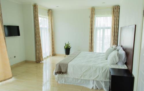 利隆圭Divine Heights Apartments Lilongwe Area 43的一间卧室配有一张带白色床单和窗户的床。