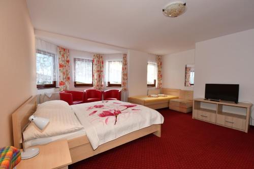 Vysoke Tatry - Tatranska Lesna里斯拉旅馆的一间卧室配有一张带红色椅子的床和电视。