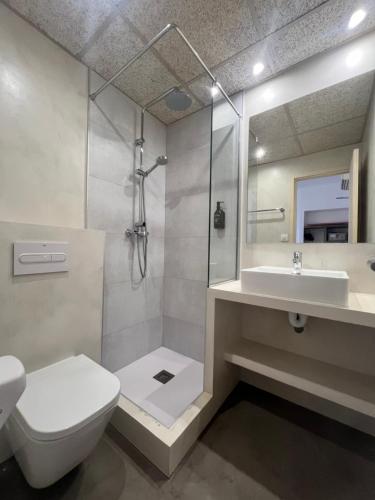 罗萨斯Hostal ROM Familiar的浴室配有卫生间、盥洗盆和淋浴。