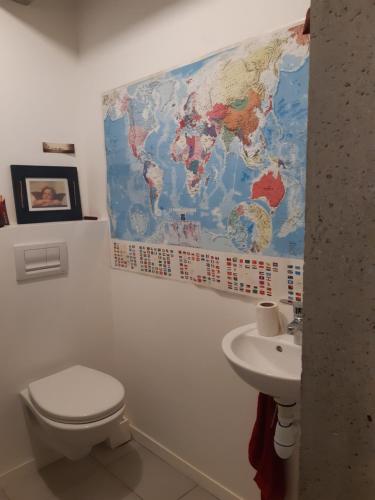 安格雷Kattalin enia的一间带卫生间的浴室和墙上的地图