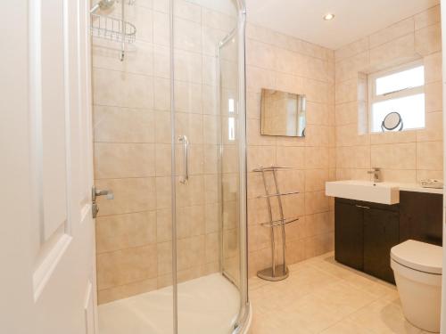 塞米斯湾Riverview Apartment的带淋浴、卫生间和盥洗盆的浴室