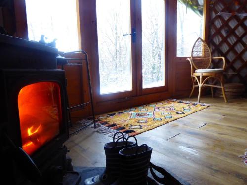 布劳顿弗内斯Wilding Yurt Stay的客厅设有壁炉和地毯。