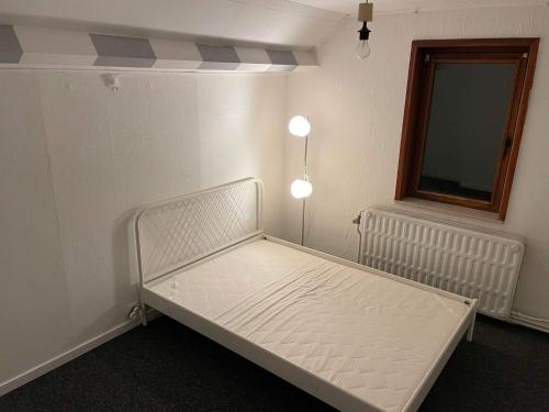 沙勒罗瓦Maison a 20 min de l'Airport Charleroi的窗户客房内的一张白色床