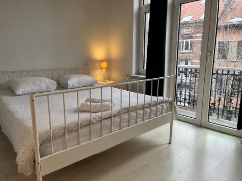 布鲁塞尔Flat brussels center的一间卧室设有一张床和一个阳台的窗户。