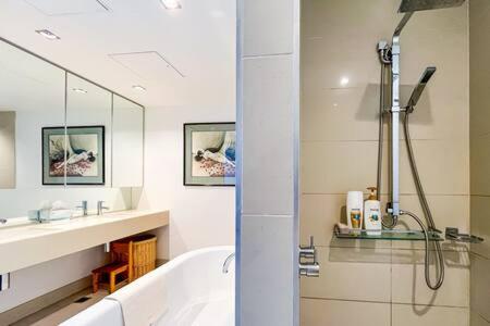 墨尔本Luxury 4B Docklands Penthouse water city views的带浴缸、水槽和淋浴的浴室
