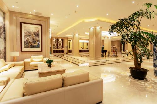 Lancang澜沧华隆大酒店的带沙发和棕榈树的客厅