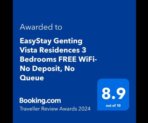 云顶高原EasyStay Genting Vista Residences 3 Bedrooms FREE WiFi, 1 Parking- No Deposit,No Queue #Up to 10pax的手机的屏幕,带有文字升级,方便入住,获得签证