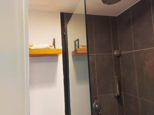 阿罗士打The Leverage Lite Hotel - Kuala Kedah的浴室配有淋浴间和镜子