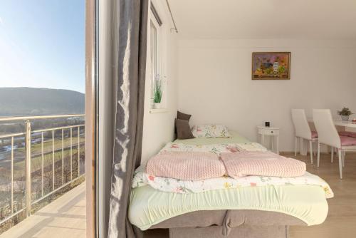 DvorZidanica med Trtami的一间卧室设有一张床和一个美景阳台
