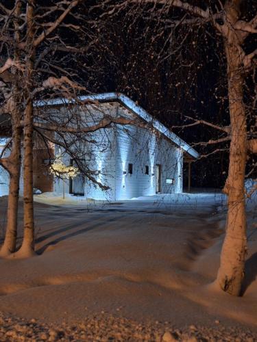罗瓦涅米北极光别墅 的白色谷仓,晚上有雪
