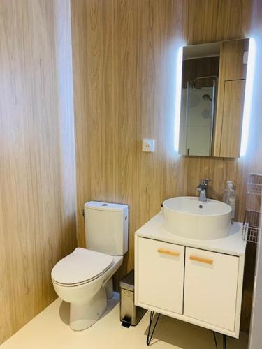 蓬托尔松Tiny House à 10min du Mont Saint Michel的浴室配有白色卫生间和盥洗盆。
