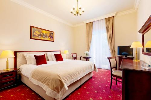 Otrębusy帕拉克奥措布斯商务及Spa酒店的一间卧室配有一张床、一张书桌和一台电视