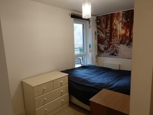 克劳利Stylish 2BD near Gatwick Airport in Crawley的一间卧室配有一张床、一个梳妆台和一扇窗户。