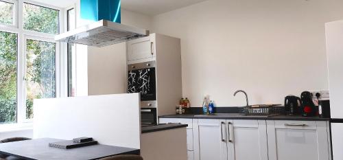 圣奥尔本斯Alban Suites的厨房配有白色橱柜和炉灶烤箱。