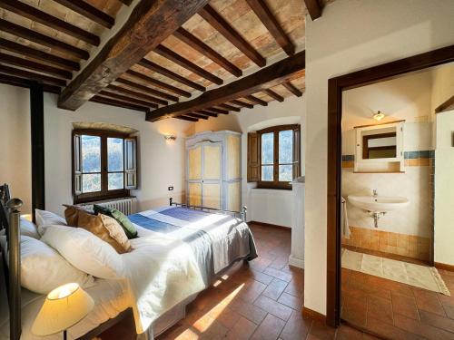 卡普雷塞·米开朗基罗比奥伊尔维尼欧农庄酒店的一间带大床的卧室和一间浴室