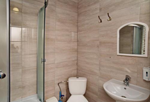 德拉格布拉特Готель Міленіум的带淋浴、卫生间和盥洗盆的浴室