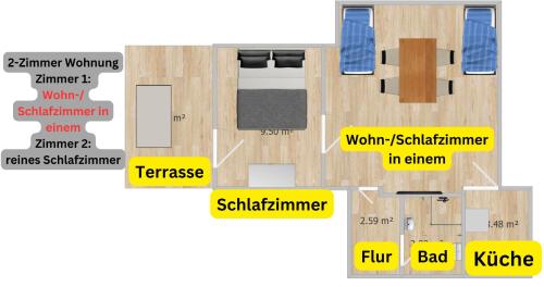 卡塞尔Ruhige Innenstadtlage mit Terrasse und Netflix的房屋的平面图,附有房间描述