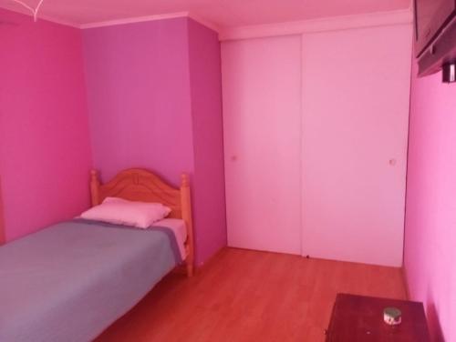 卡拉马Hostal GoTravels的卧室设有粉红色的墙壁、一张床和一张桌子