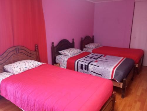 卡拉马Hostal GoTravels的配有粉红色墙壁的客房内的两张床