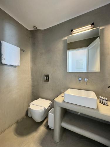 米克诺斯城Cielo Azul Mykonos的一间带卫生间、水槽和镜子的浴室
