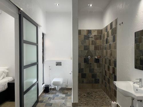 普拉伊拉多比莱尼Massala Beach Resort, Lda的一间带水槽、卫生间和淋浴的浴室