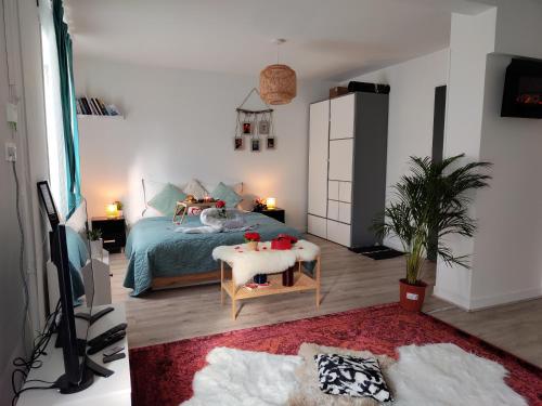 米卢斯Romantic Cocon Home in Mulhouse的一间卧室配有一张床和一张桌子