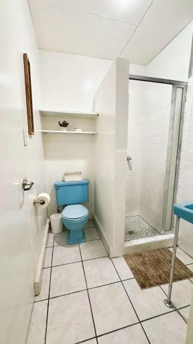 圣萨尔瓦多Lindo espacio, cómodo y céntrico的浴室配有蓝色卫生间和淋浴。