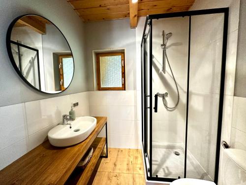 苏尔茨兹诺Amalka Wita的带淋浴、盥洗盆和镜子的浴室