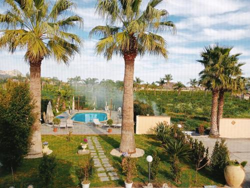 贾迪尼-纳克索斯Villa Laura Apartment的一座种有棕榈树和游泳池的花园