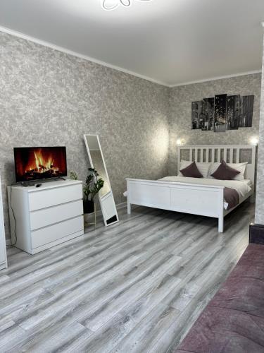 阿斯塔纳Уютная квартира ЖК Сказочный мир город Астана的一间卧室配有一张床、一台电视和一个壁炉