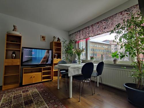 拉赫蒂City Home Lahti的一间带桌子和电视的用餐室