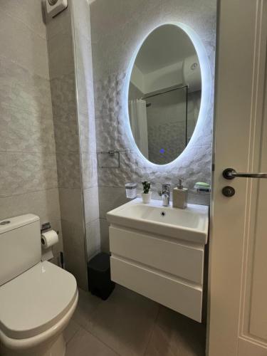 伏罗拉Sunny breeze apartment的一间带卫生间、水槽和镜子的浴室