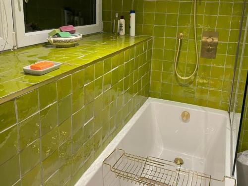 Ystrad-ffin3 Bed in Llandovery 76381的绿色瓷砖浴室设有浴缸和淋浴。